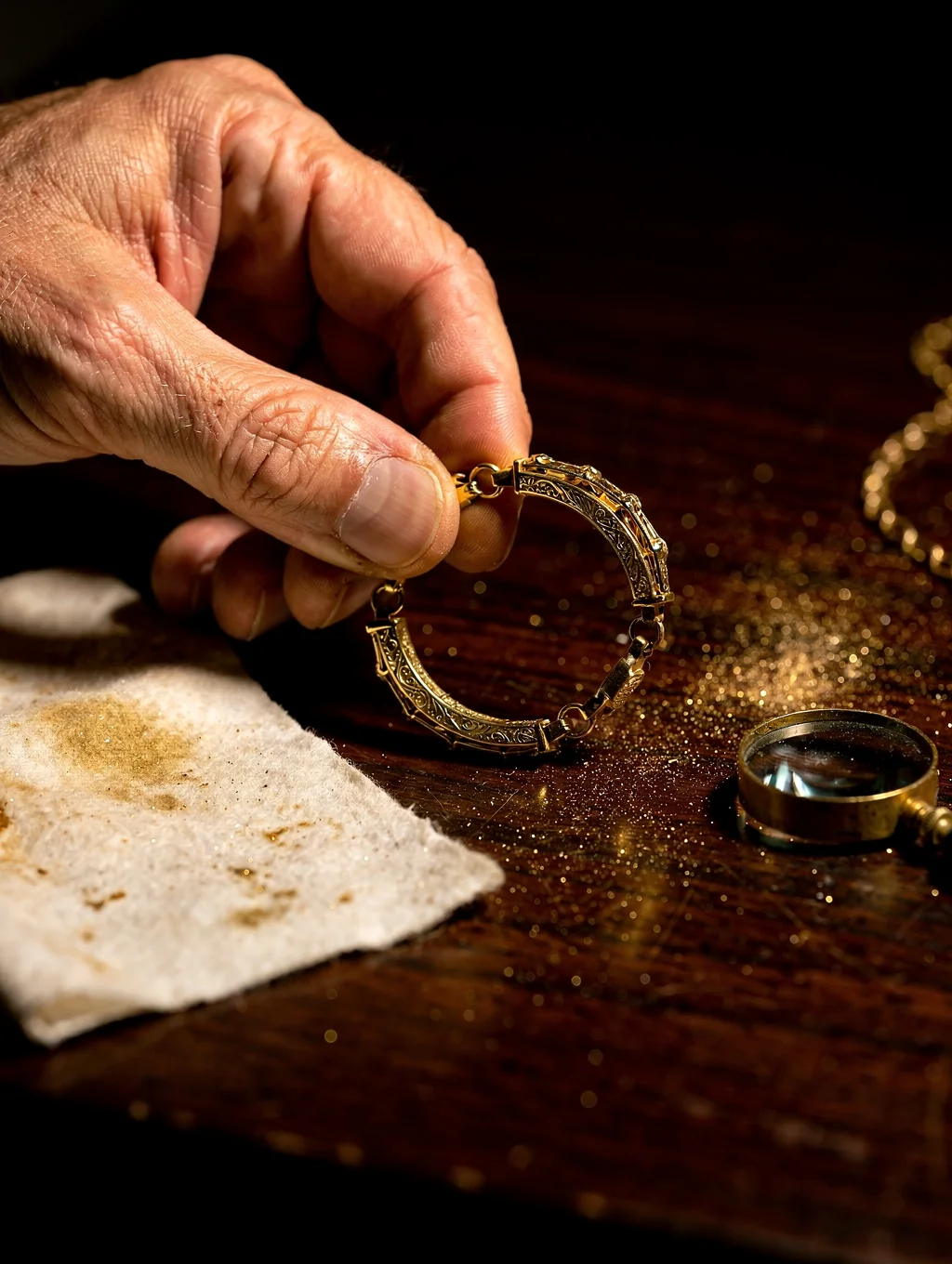 Artisan hands polishing a delicate gold pendant in a sunlit studio
